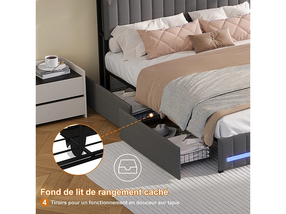 Rama łóżka 160x200 cm szara z 4 szufladami, oświetleniem LED, portami USB, oddychającą tkaniną lnianą i wbudowanym schowkiem