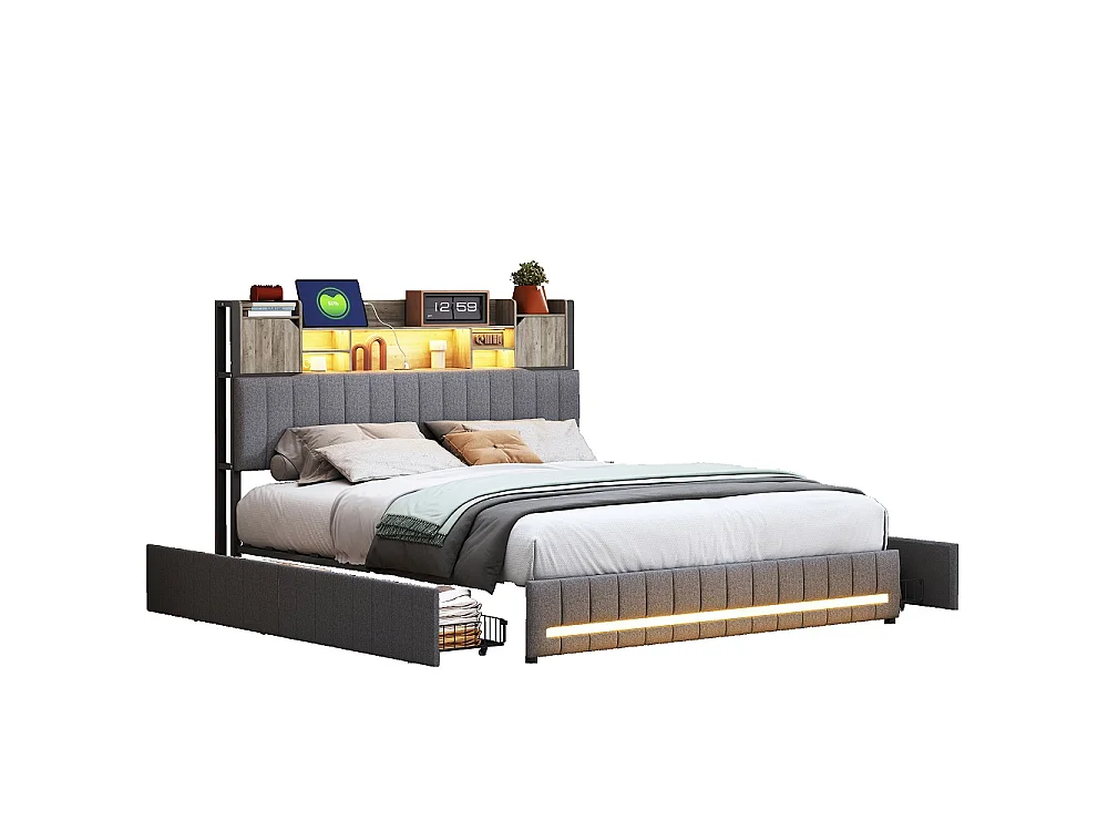 Rama łóżka 160x200 cm szara z 4 szufladami, oświetleniem LED, portami USB, oddychającą tkaniną lnianą i wbudowanym schowkiem