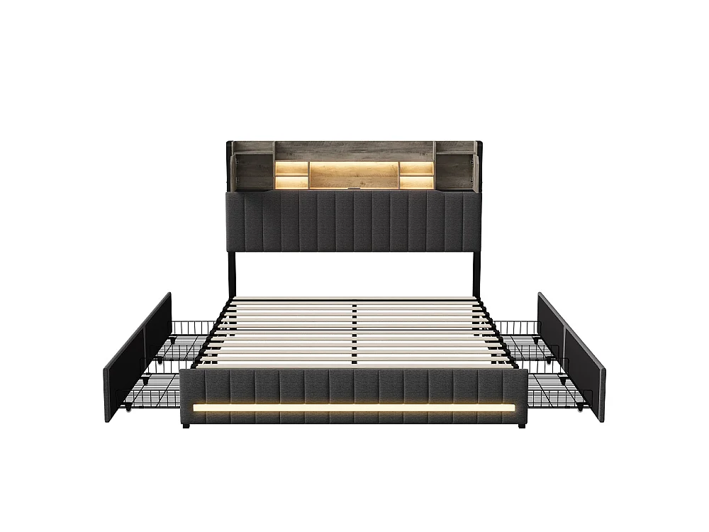 Rama łóżka 160x200 cm szara z 4 szufladami, oświetleniem LED, portami USB, oddychającą tkaniną lnianą i wbudowanym schowkiem