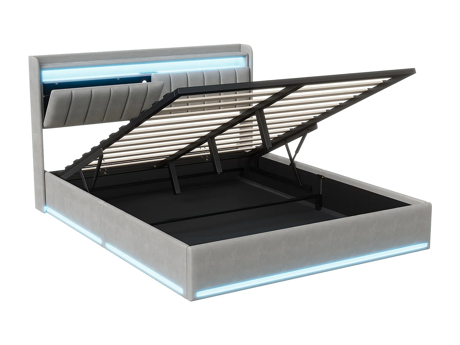 140x190cm Cadre de lit hydraulique - Lit rembourré - Lit double avec espace de stockage - Éclairage LED et station de charge USB - Velvet - Gris