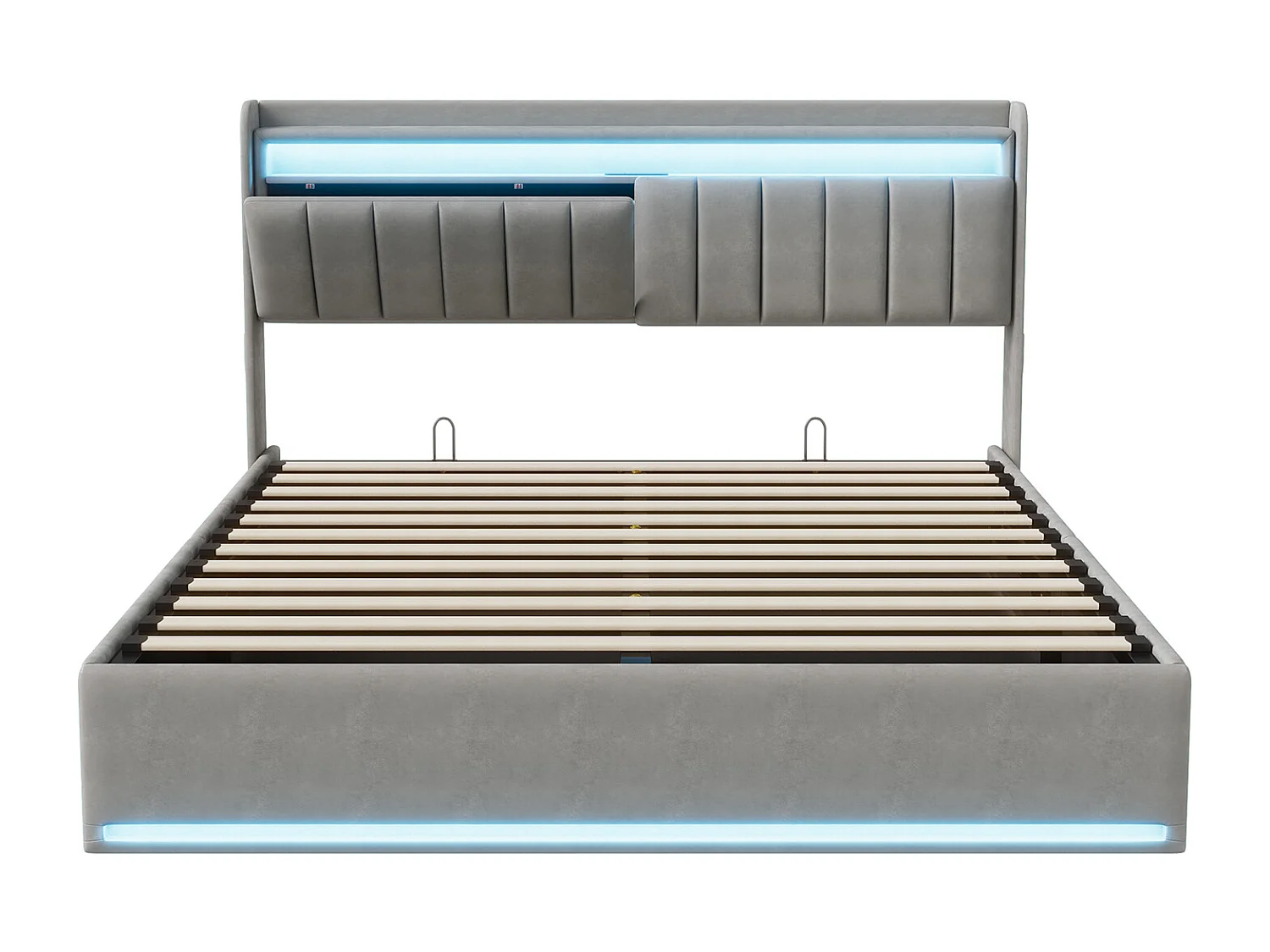 Cama baú 140x190 cm veludo cinza com cabeceira, iluminação LED RGB e portas USB integradas