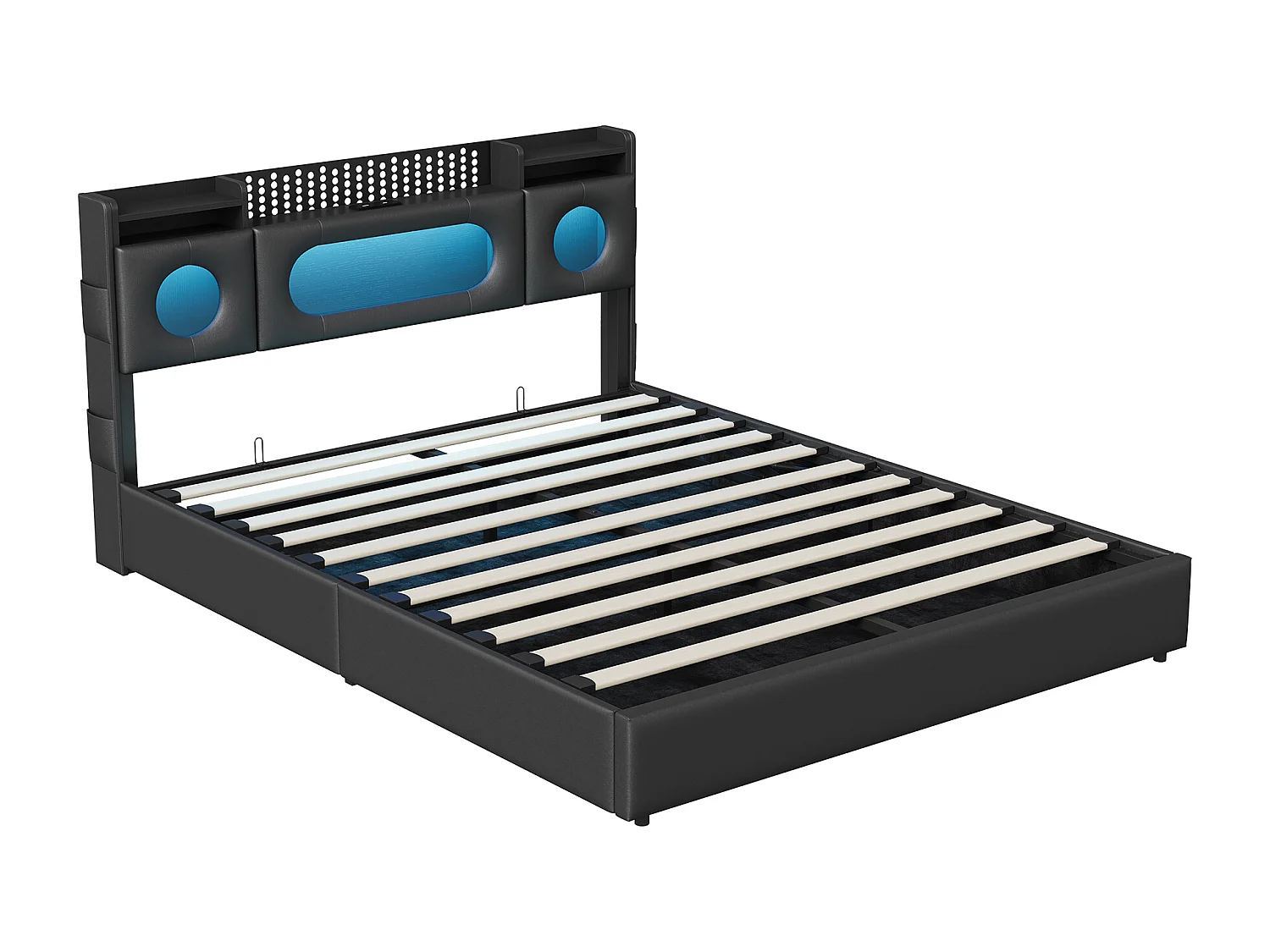 Lit rembourré 140 x 200cm avec LED et USB Type-C, lit hydraulique avec étagères ouvertes et tête de stockage cachée - lit double en PU - noir