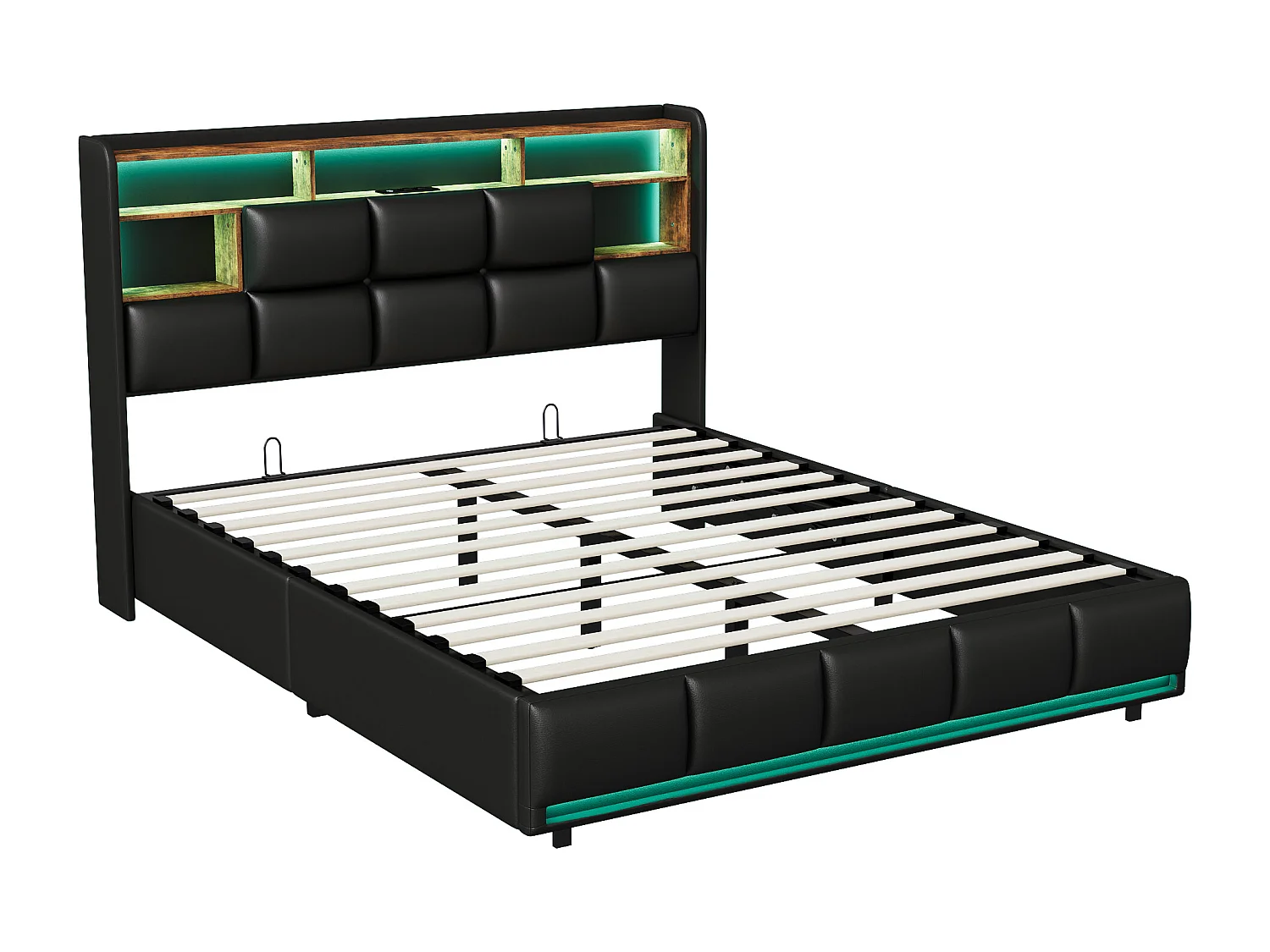 Cadre de lit de stockage d'espace de levage hydraulique PU - Lit double avec lumière LED et étagère de stockage - Meubles pour la maison Lit rembourré - 140x190cm -