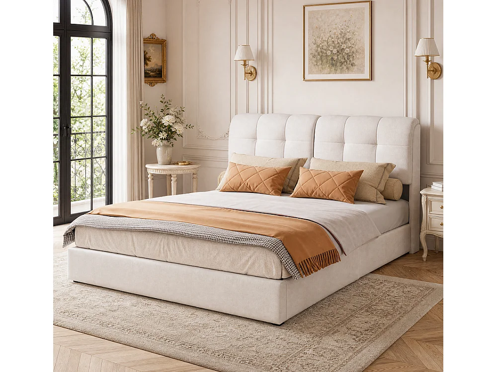 Lit hydraulique rembourré avec boîte de rangement - cadre de lit double avec lumière LED et base à lames - dossier en velours - Beige- 160x200cm