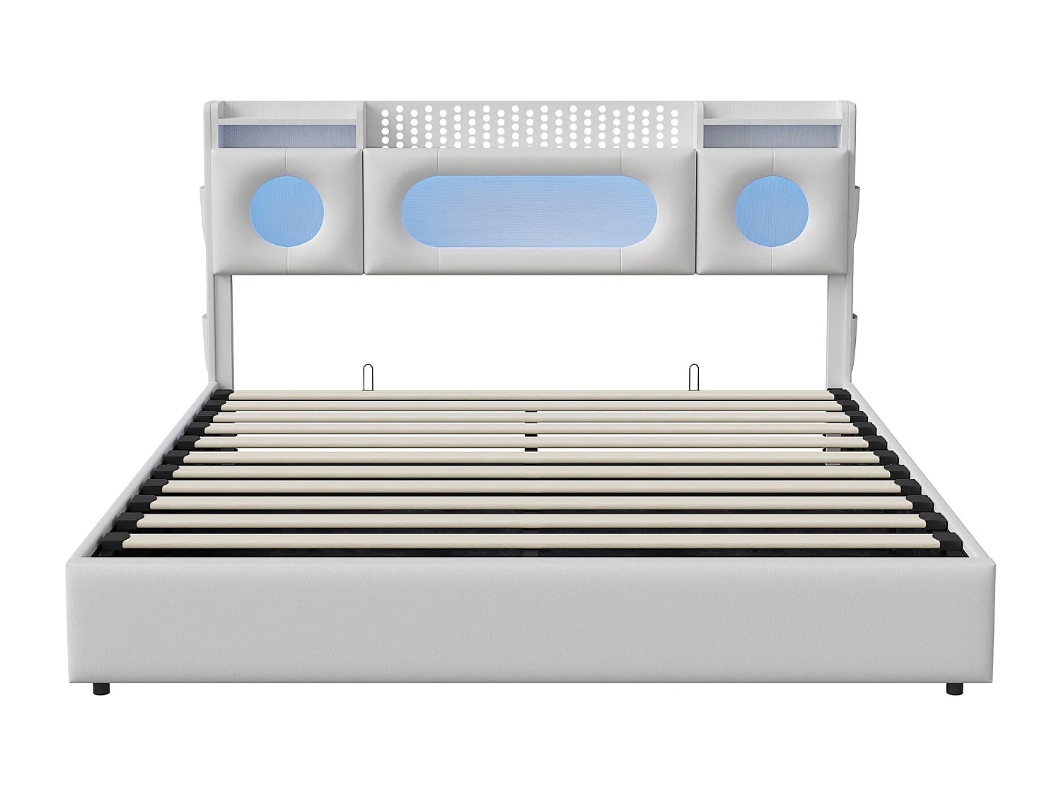 160 x 200cm PU lit double-lit rembourré avec LED et USB Type-C, lit hydraulique avec étagères ouvertes et tête de stockage cachée - blanc
