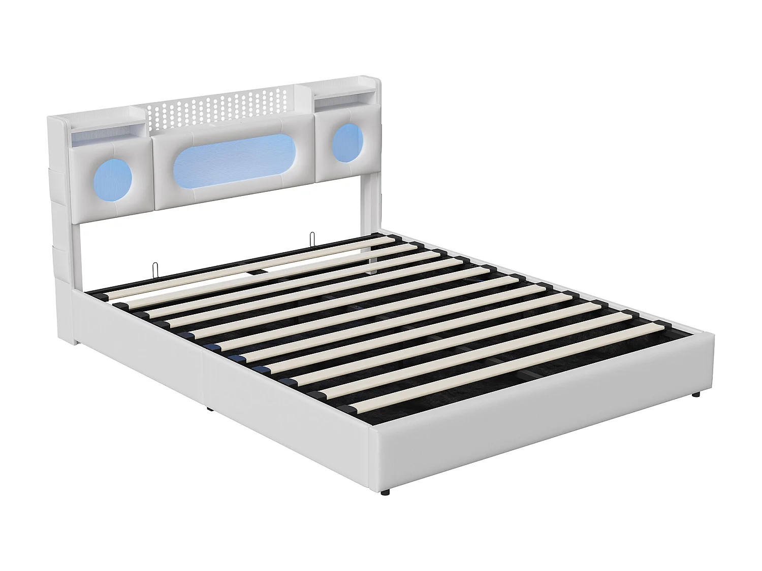 160 x 200cm PU lit double-lit rembourré avec LED et USB Type-C, lit hydraulique avec étagères ouvertes et tête de stockage cachée - blanc