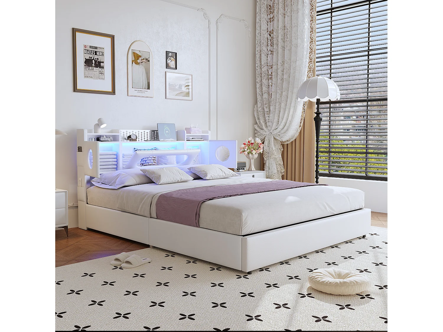 160 x 200cm PU lit double-lit rembourré avec LED et USB Type-C, lit hydraulique avec étagères ouvertes et tête de stockage cachée - blanc