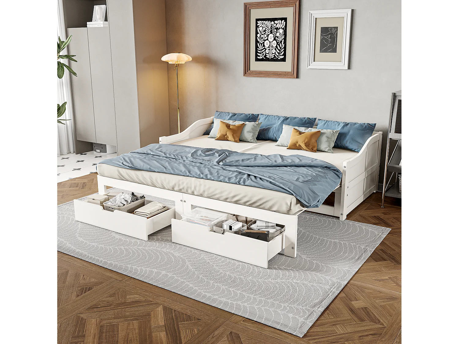 Canapé-lit extensible - lit d'invité avec 2 tiroirs de rangement et cadres à lames - lit en bois massif blanc 90/180x200cm