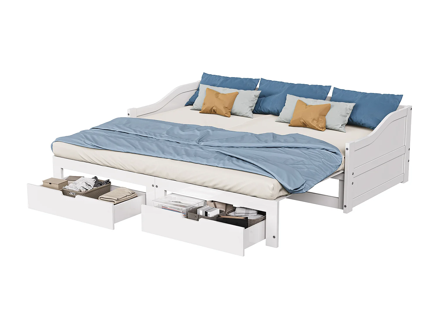 Canapé-lit extensible - lit d'invité avec 2 tiroirs de rangement et cadres à lames - lit en bois massif blanc 90/180x200cm