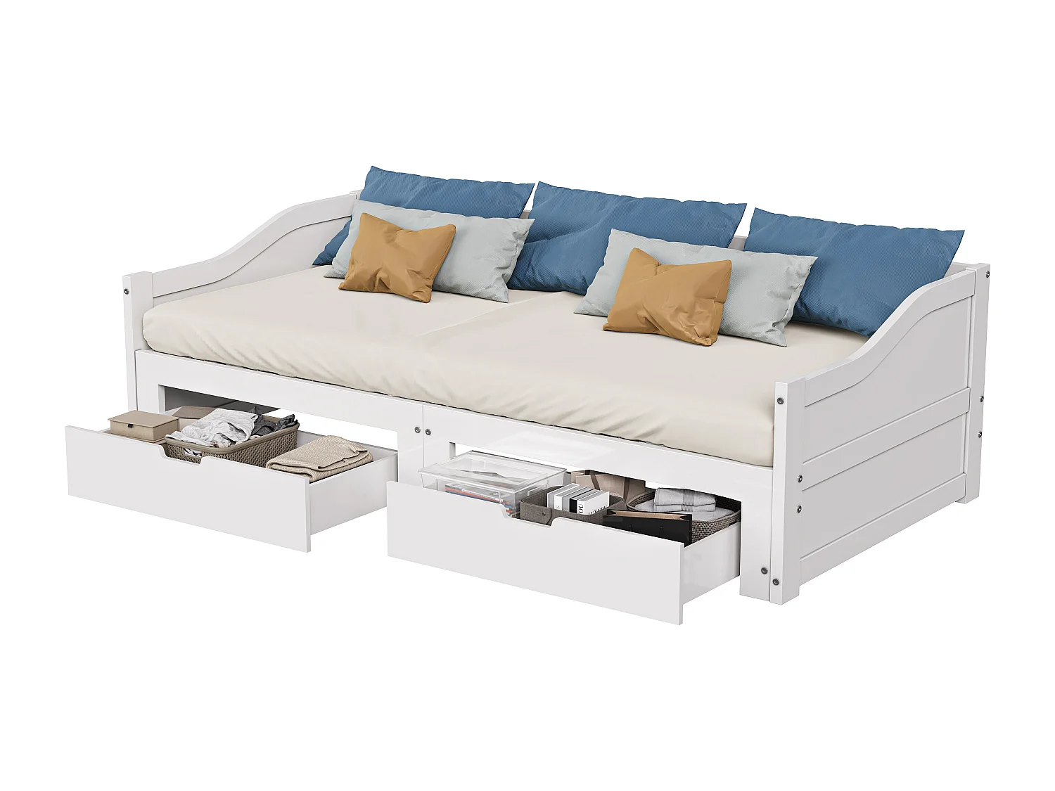 Canapé-lit extensible - lit d'invité avec 2 tiroirs de rangement et cadres à lames - lit en bois massif blanc 90/180x200cm