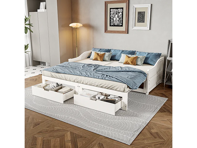 Canapé-lit extensible - lit d'invité avec 2 tiroirs de rangement et cadres à lames - lit en bois massif blanc 90/180x200cm