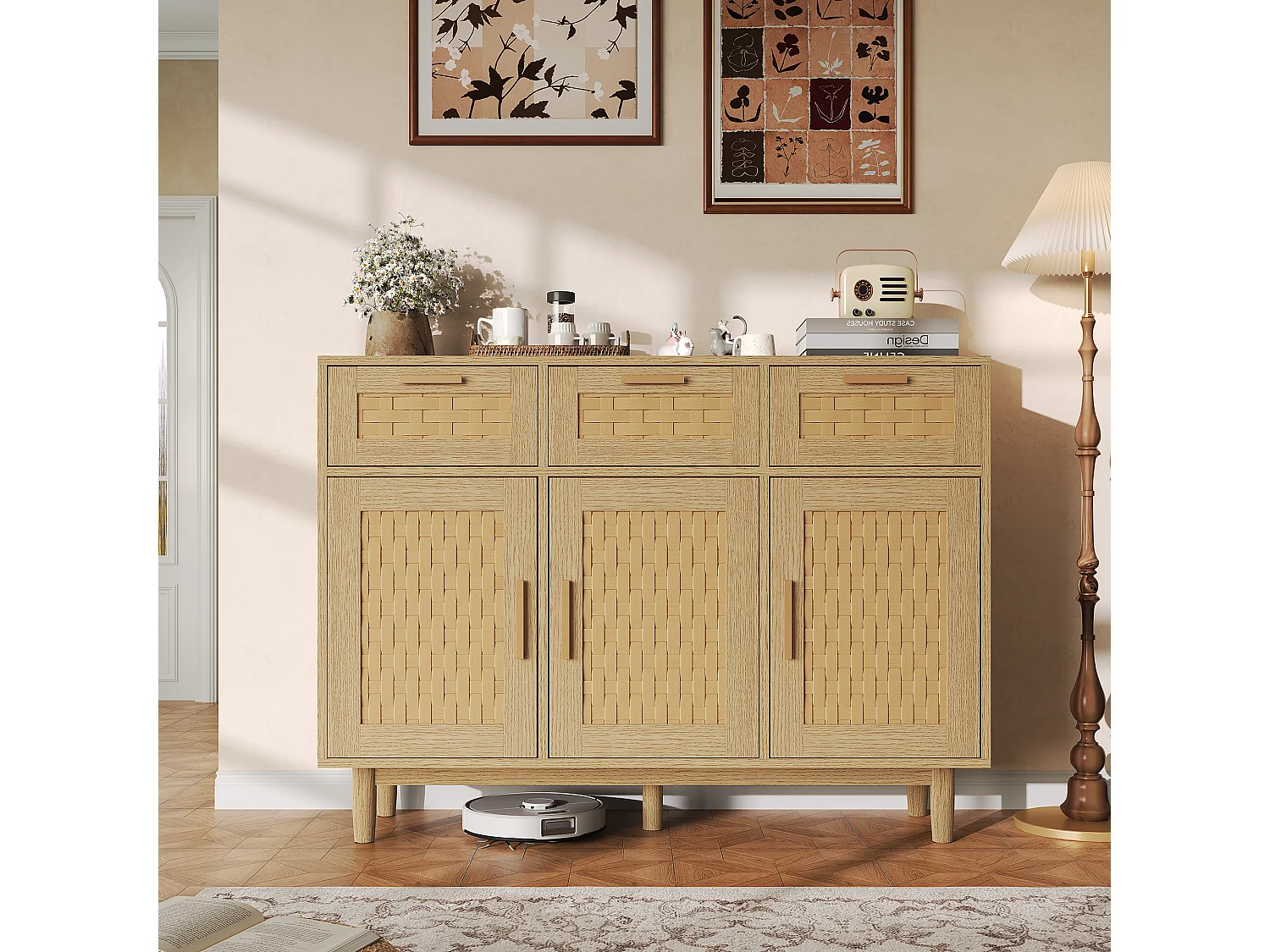 Buffet Rattan Boho Style Cuisinière en bois avec 3 tiroirs et 3 portes - Armoire de rangement de cuisine - Armoire d'affichage - couleur chêne
