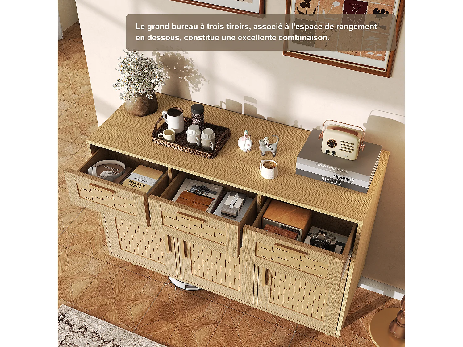 Buffet Rattan Boho Style Cuisinière en bois avec 3 tiroirs et 3 portes - Armoire de rangement de cuisine - Armoire d'affichage - couleur chêne