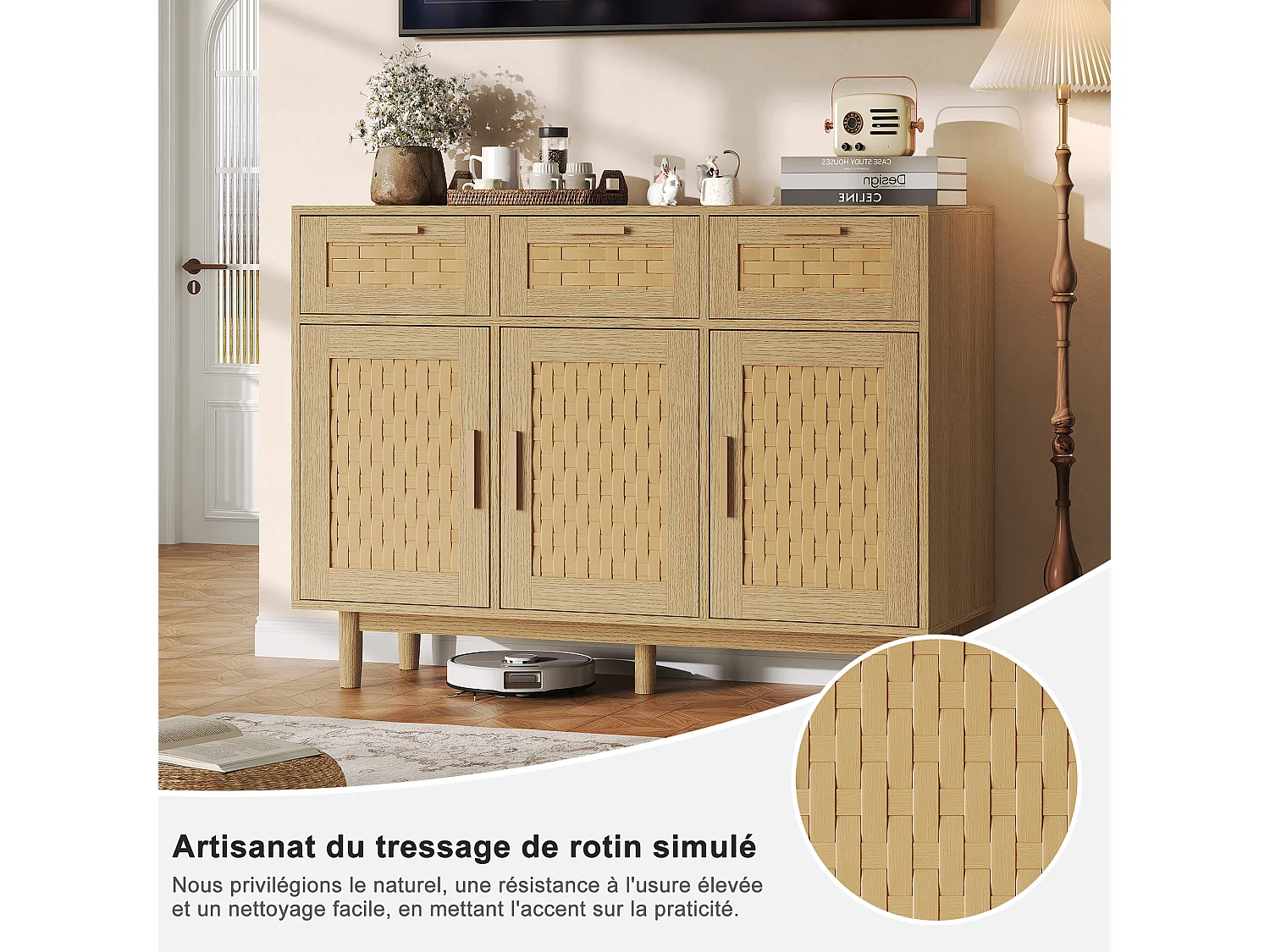 Buffet Rattan Boho Style Cuisinière en bois avec 3 tiroirs et 3 portes - Armoire de rangement de cuisine - Armoire d'affichage - couleur chêne