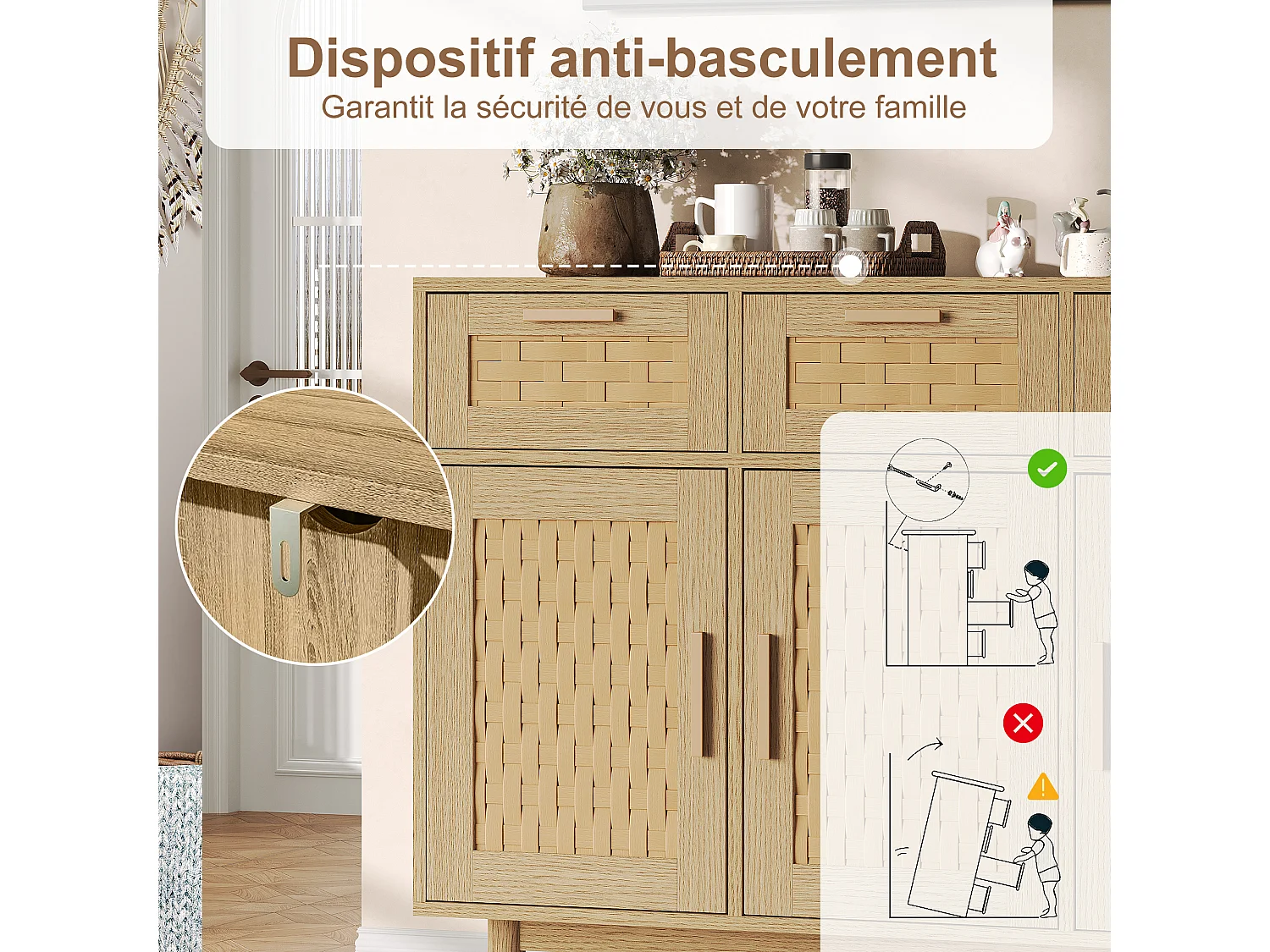 Buffet Rattan Boho Style Cuisinière en bois avec 3 tiroirs et 3 portes - Armoire de rangement de cuisine - Armoire d'affichage - couleur chêne