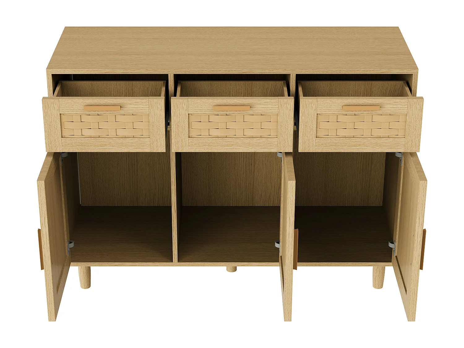 Buffet Rattan Boho Style Cuisinière en bois avec 3 tiroirs et 3 portes - Armoire de rangement de cuisine - Armoire d'affichage - couleur chêne