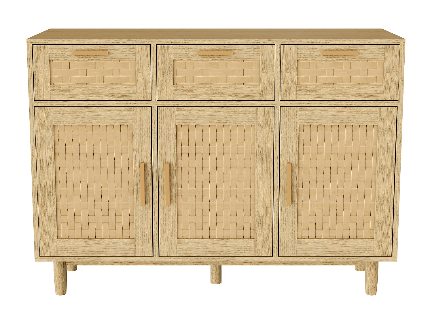 Buffet en bois de style Rattan Boho avec 3 tiroirs et 3 portes - armoire de rangement de cuisine - armoire d'affichage - noir