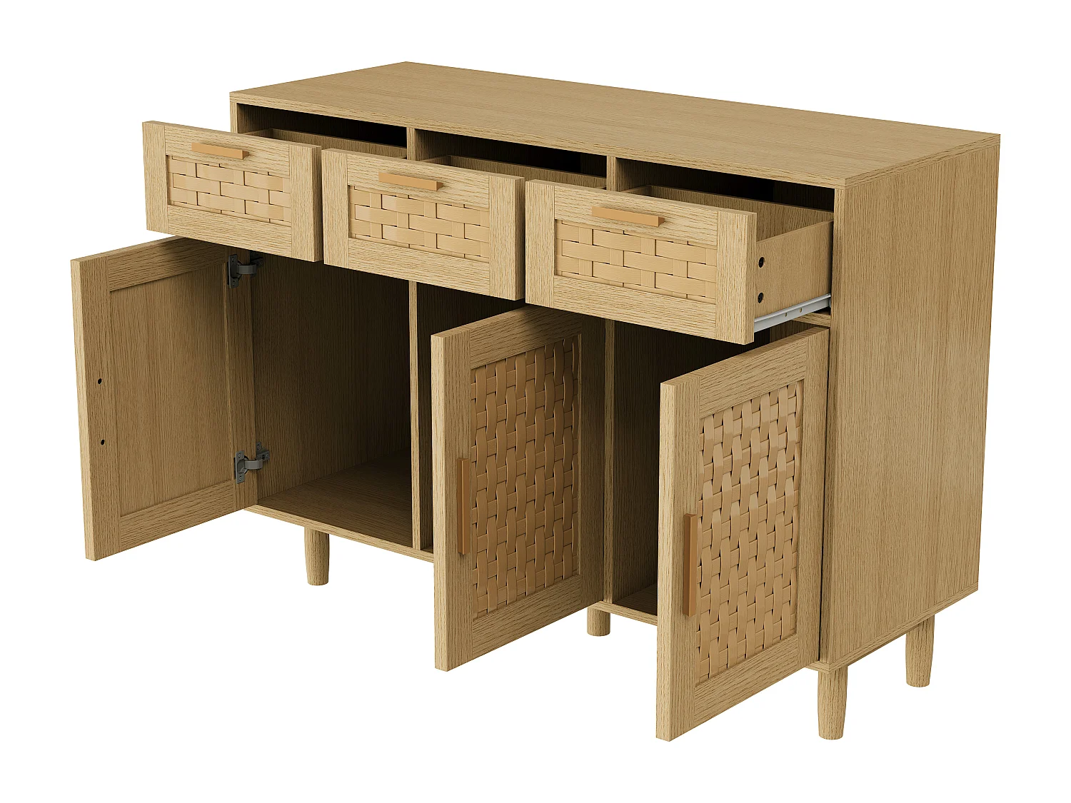 Buffet en bois de style Rattan Boho avec 3 tiroirs et 3 portes - armoire de rangement de cuisine - armoire d'affichage - noir