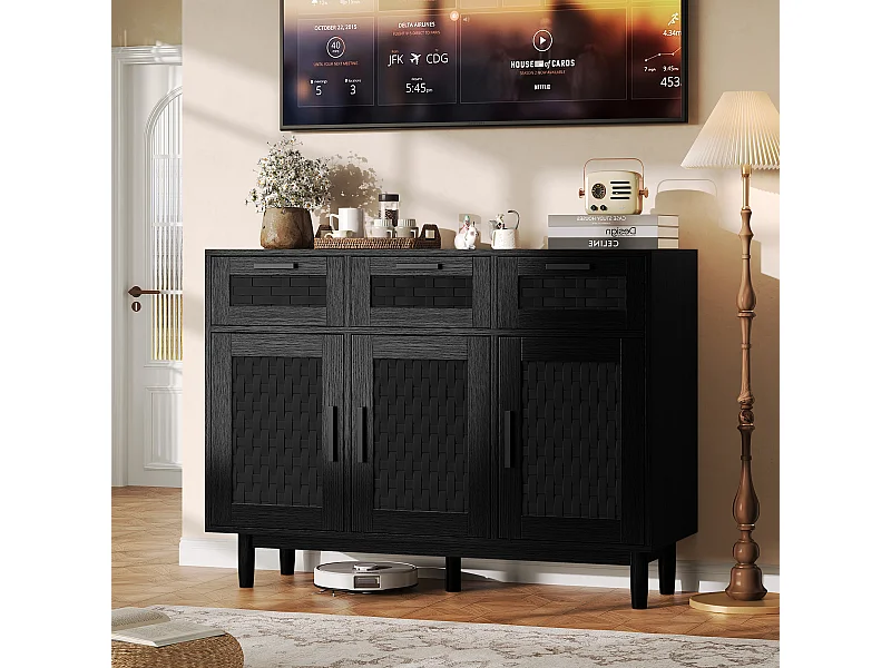 Buffet en bois de style Rattan Boho avec 3 tiroirs et 3 portes - armoire de rangement de cuisine - armoire d'affichage - noir