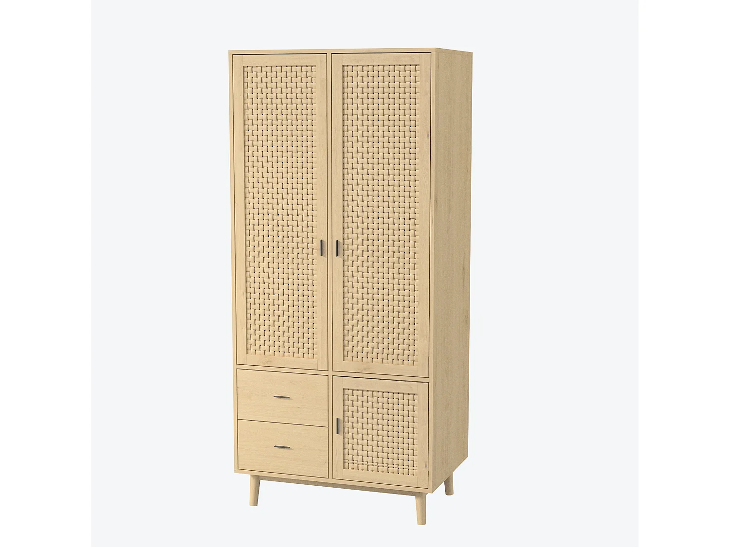 Boho Style Rattan Net Armoire avec 2 portes et 2 tiroirs - Grand armoire de rangement de vêtements pour la chambre à coucher - couleur chêne