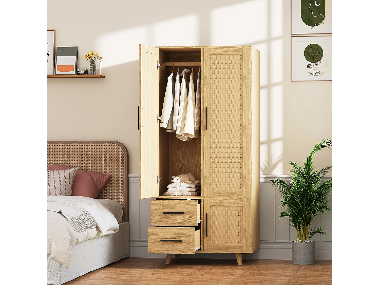 Boho Style Rattan Net Armoire avec 2 portes et 2 tiroirs - Grand armoire de rangement de vêtements pour la chambre à coucher - couleur chêne