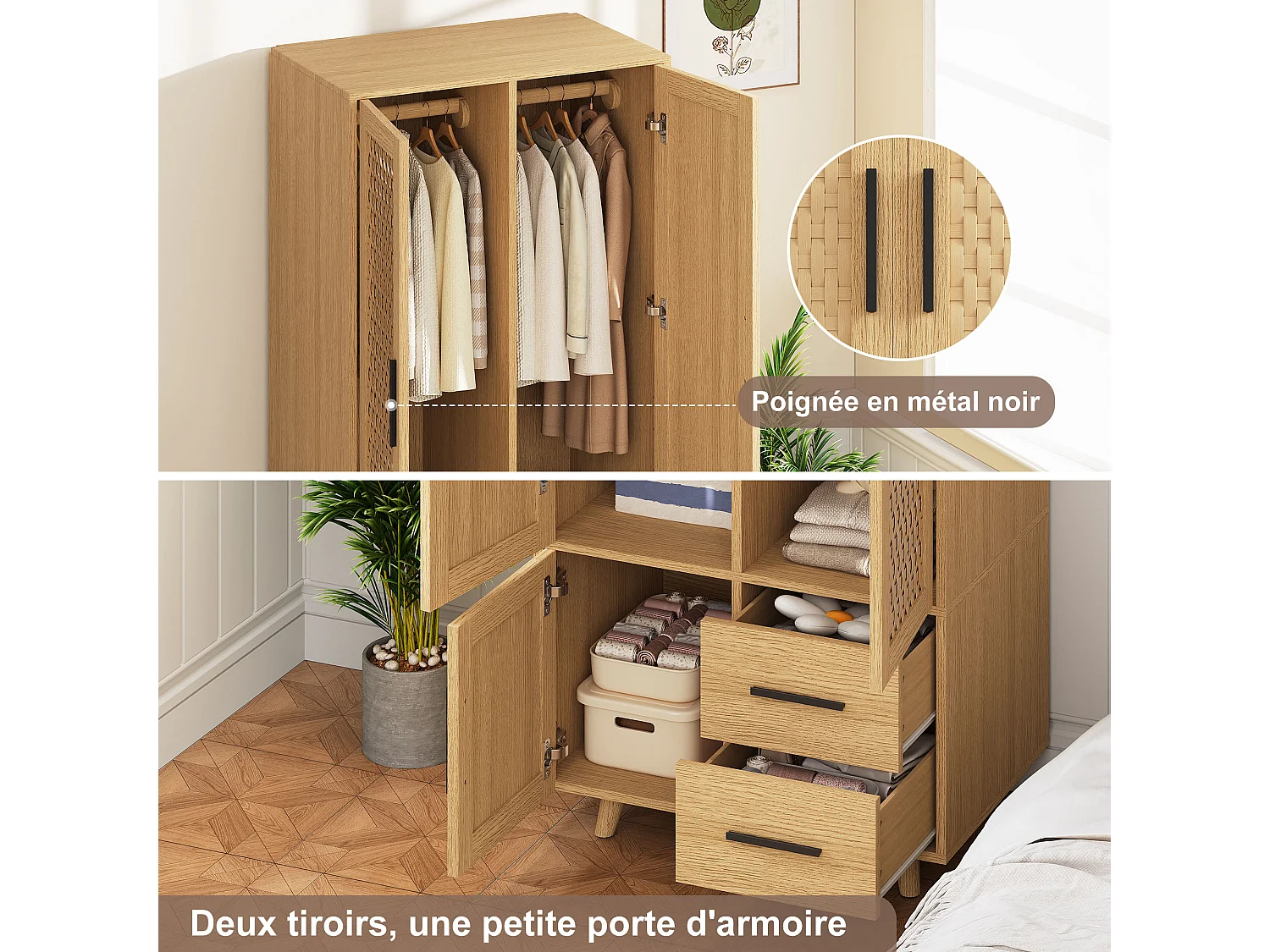 Boho Style Rattan Net Armoire avec 2 portes et 2 tiroirs - Grand armoire de rangement de vêtements pour la chambre à coucher - couleur chêne