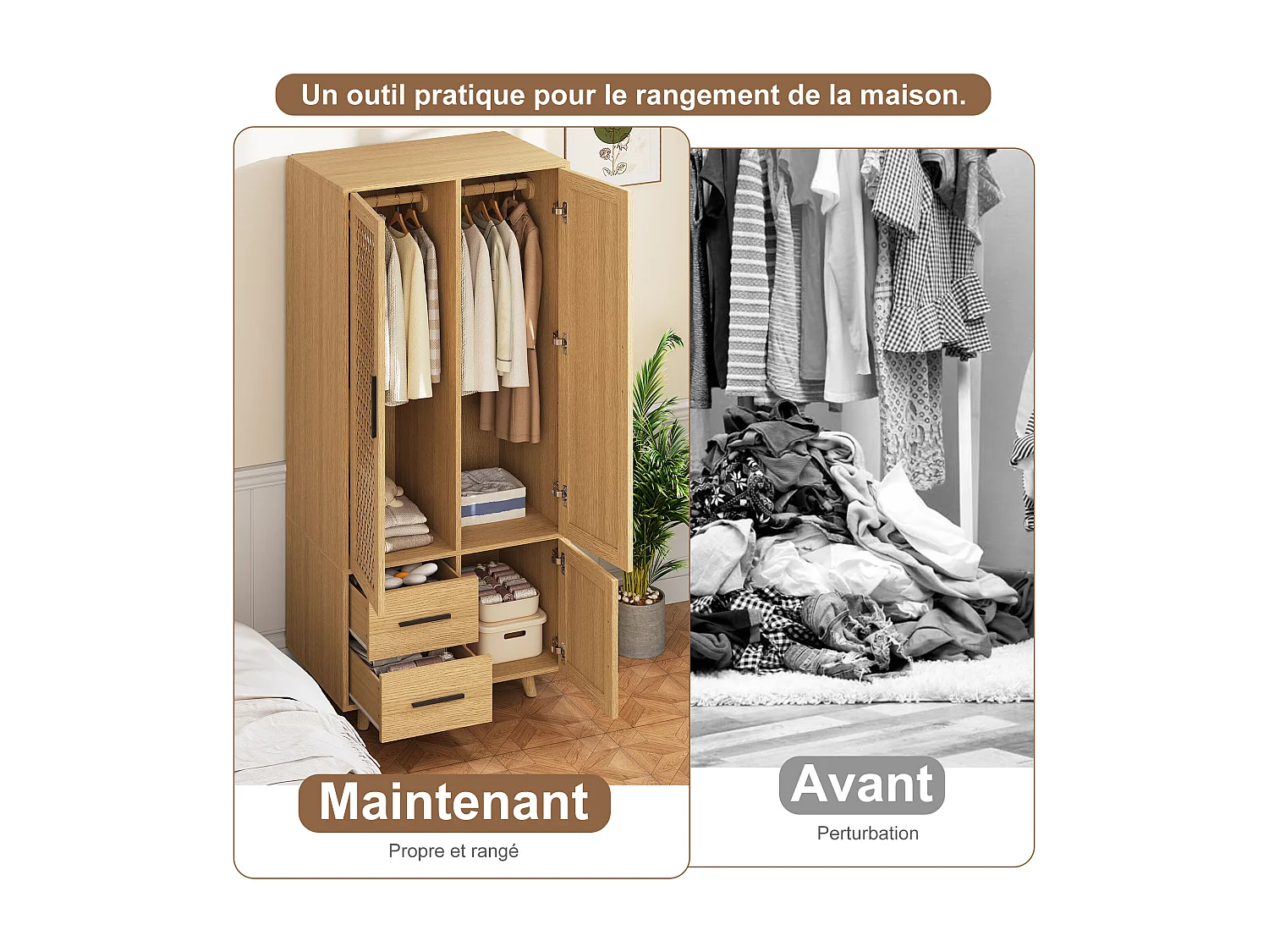 Boho Style Rattan Net Armoire avec 2 portes et 2 tiroirs - Grand armoire de rangement de vêtements pour la chambre à coucher - couleur chêne