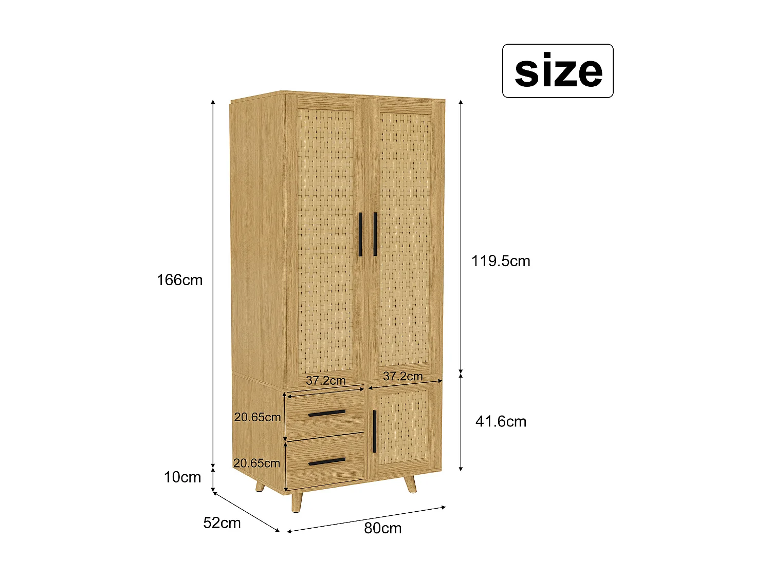 Boho Style Rattan Net Armoire avec 2 portes et 2 tiroirs - Grand armoire de rangement de vêtements pour la chambre à coucher - couleur chêne