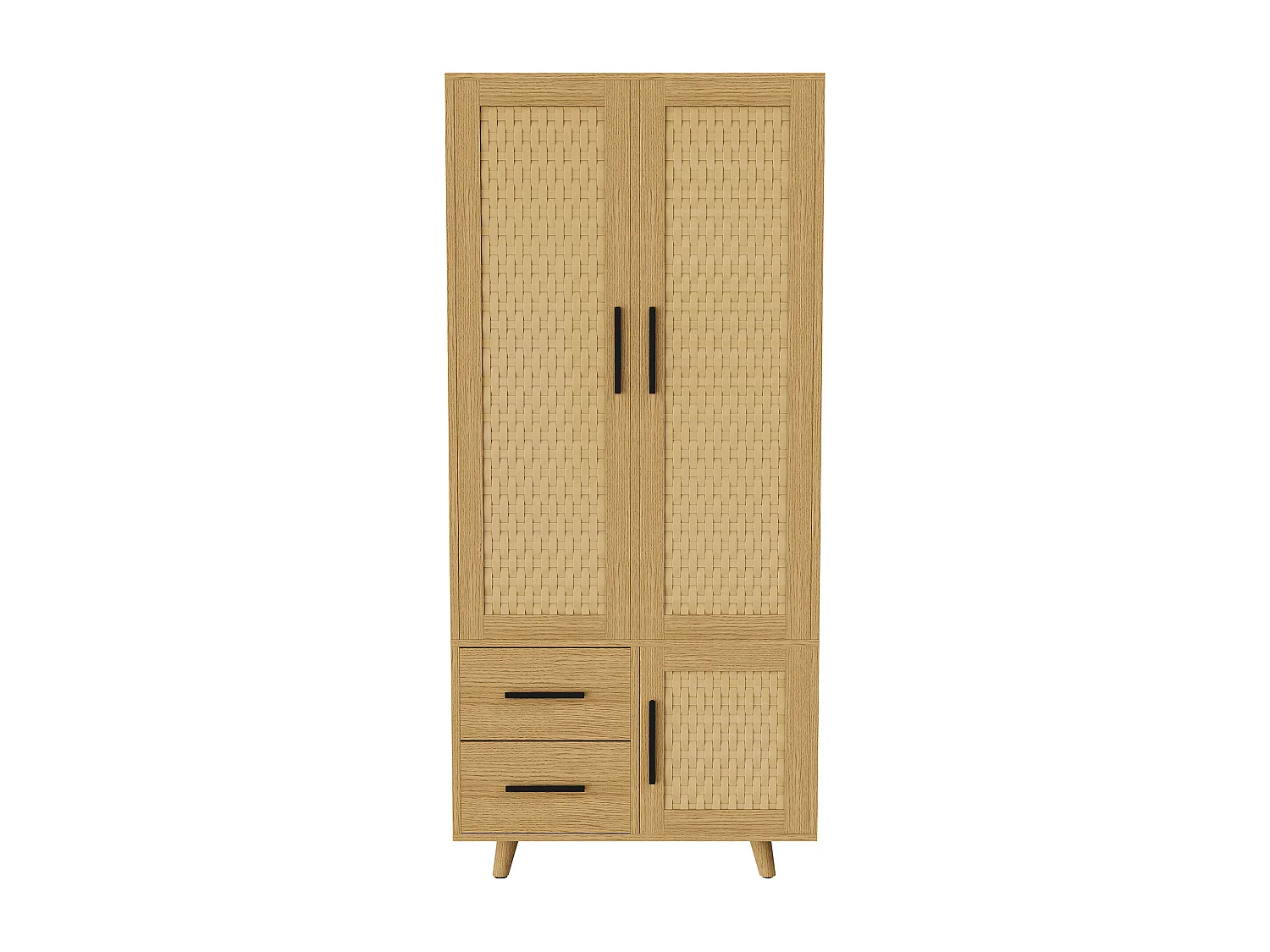 Boho Style Rattan Net Armoire avec 2 portes et 2 tiroirs - Grand armoire de rangement de vêtements pour la chambre à coucher - couleur chêne