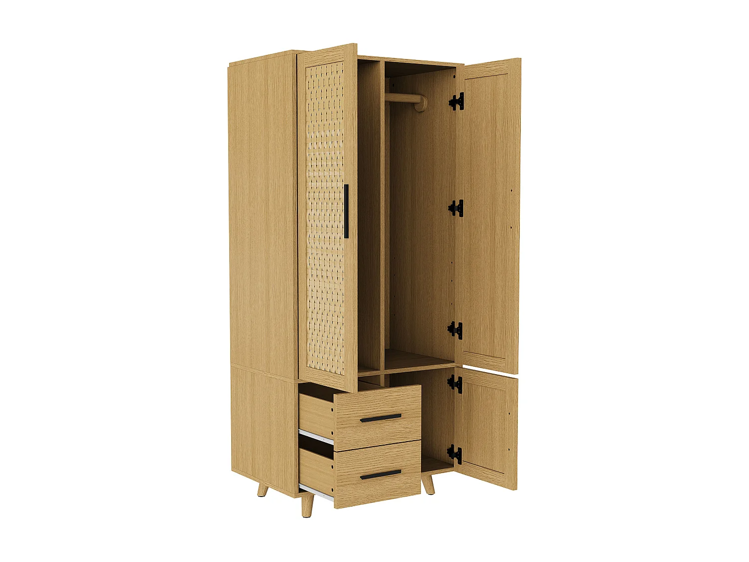 Boho Style Rattan Net Armoire avec 2 portes et 2 tiroirs - Grand armoire de rangement de vêtements pour la chambre à coucher - couleur chêne