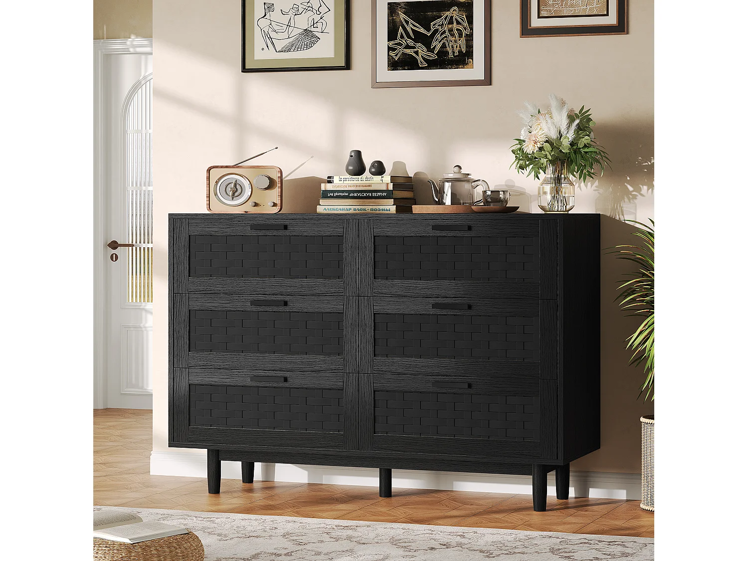 Commode en bois de rattan de style boho avec 6 tiroirs - armoire de rangement de cuisine - armoire d'affichage - noir