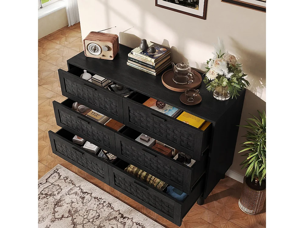 Commode en bois de rattan de style boho avec 6 tiroirs - armoire de rangement de cuisine - armoire d'affichage - noir