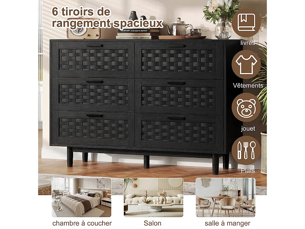 Commode en bois de rattan de style boho avec 6 tiroirs - armoire de rangement de cuisine - armoire d'affichage - noir