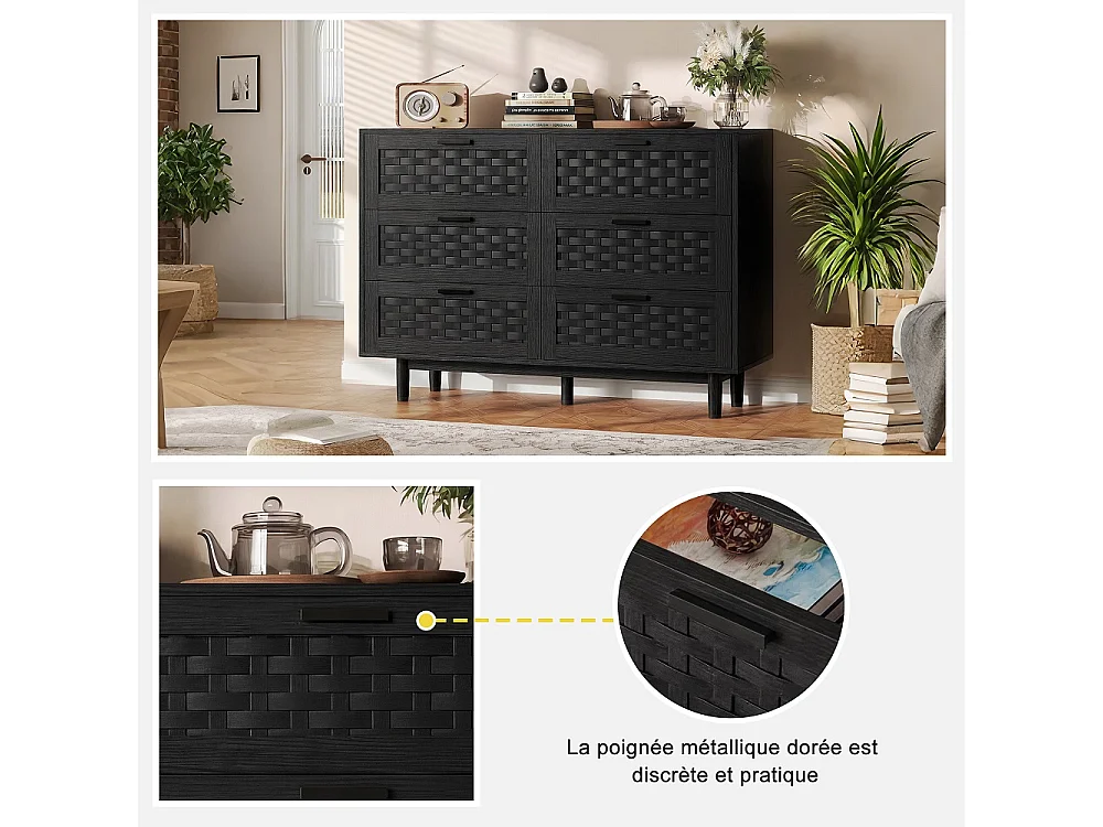 Commode en bois de rattan de style boho avec 6 tiroirs - armoire de rangement de cuisine - armoire d'affichage - noir