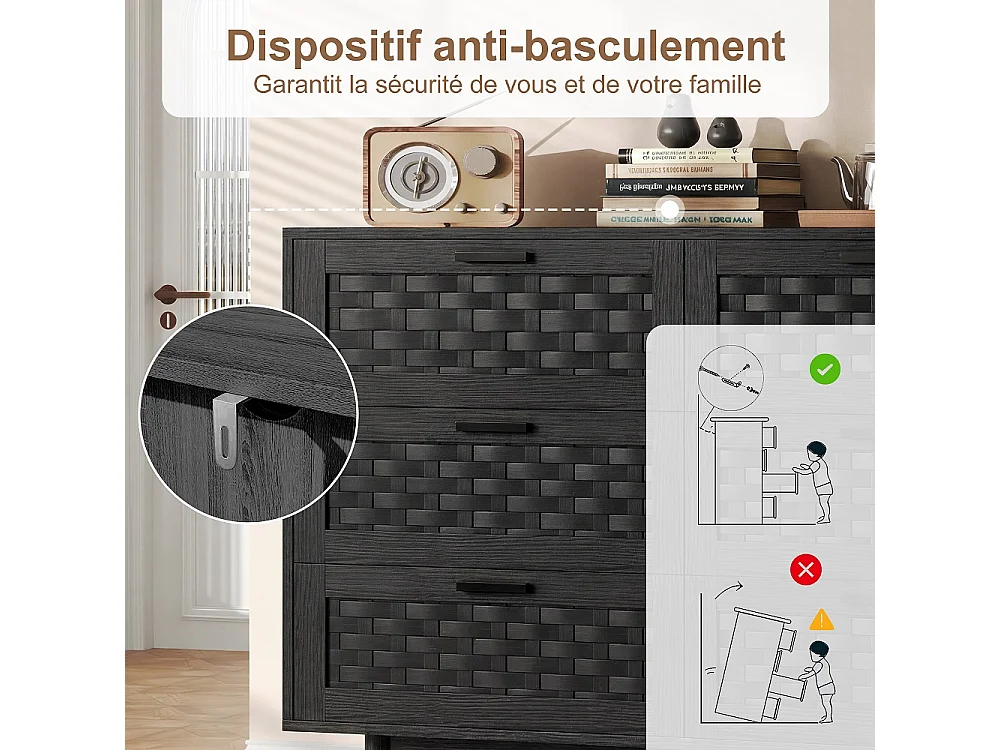 Commode en bois de rattan de style boho avec 6 tiroirs - armoire de rangement de cuisine - armoire d'affichage - noir
