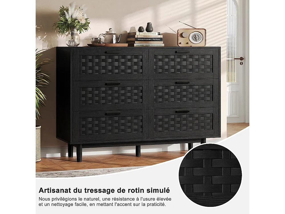 Commode en bois de rattan de style boho avec 6 tiroirs - armoire de rangement de cuisine - armoire d'affichage - noir
