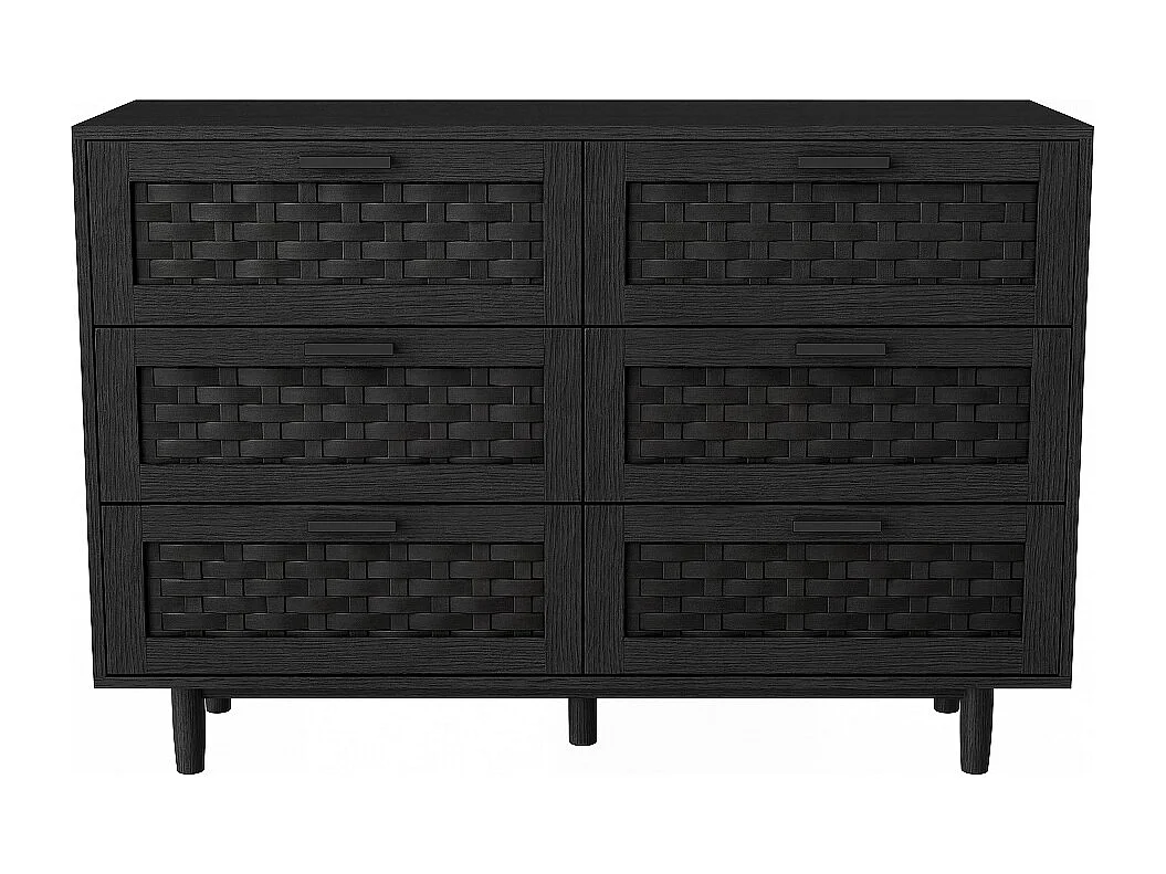 Commode en bois de rattan de style boho avec 6 tiroirs - armoire de rangement de cuisine - armoire d'affichage - noir