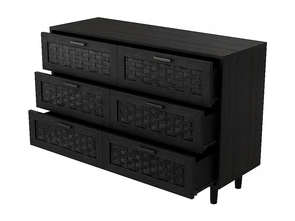 Commode en bois de rattan de style boho avec 6 tiroirs - armoire de rangement de cuisine - armoire d'affichage - noir