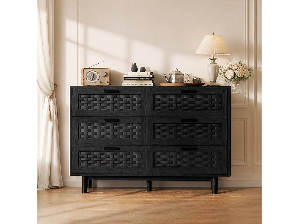Commode en bois de rattan de style boho avec 6 tiroirs - armoire de rangement de cuisine - armoire d'affichage - noir