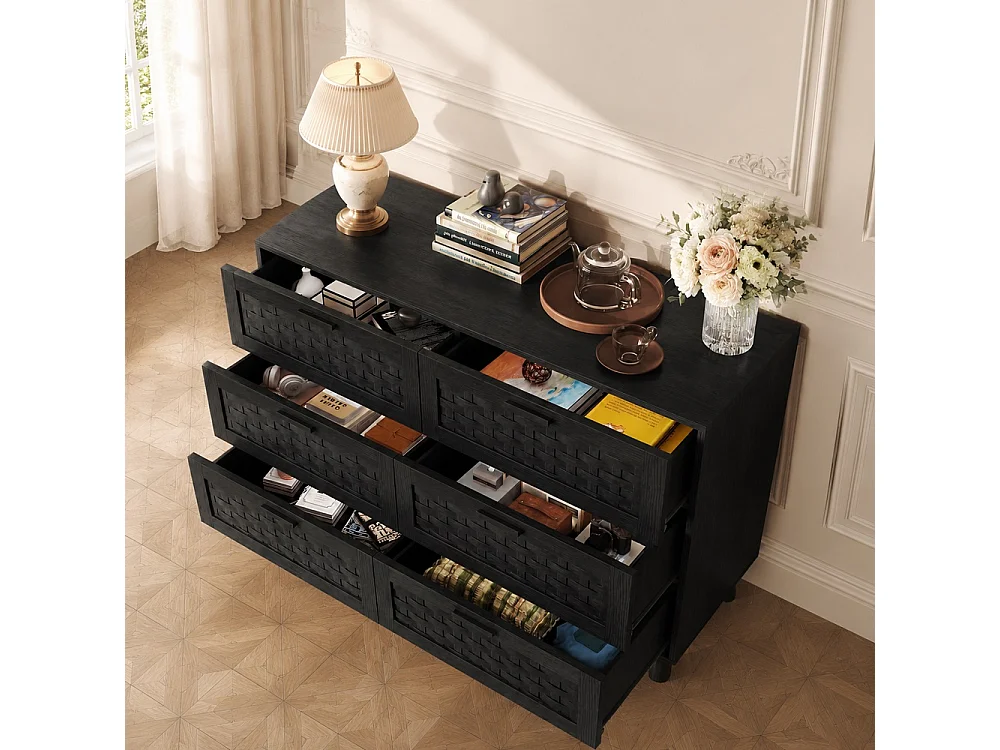Commode en bois de rattan de style boho avec 6 tiroirs - armoire de rangement de cuisine - armoire d'affichage - noir