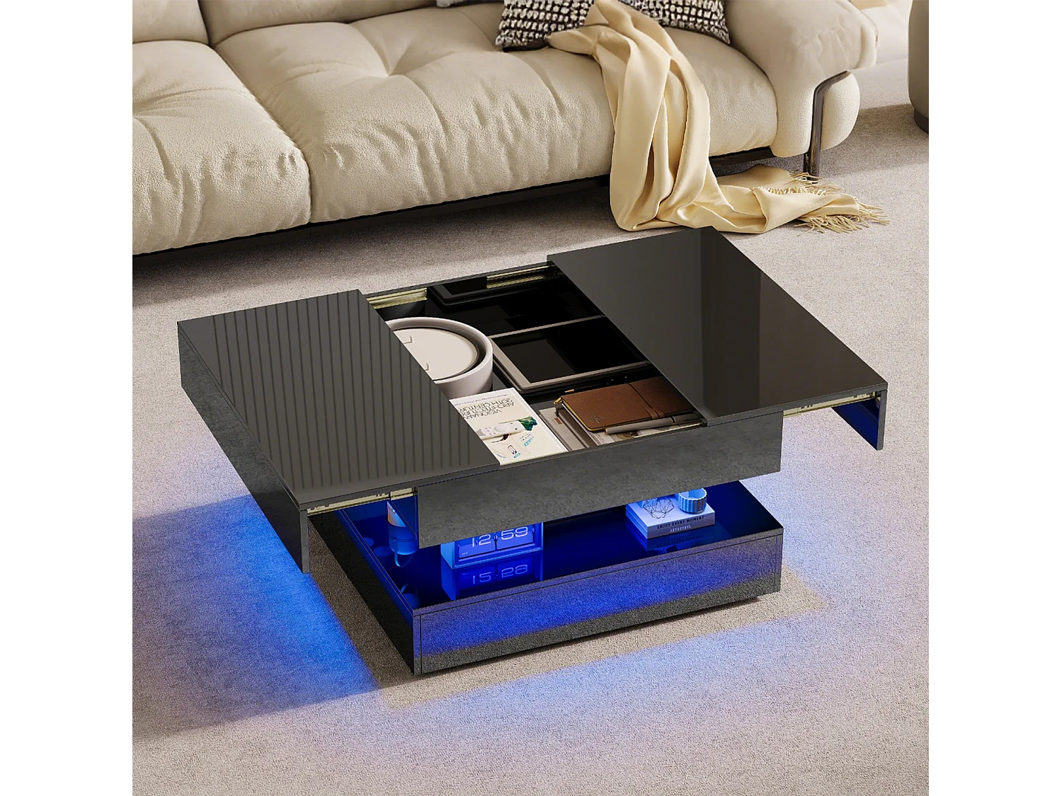 Table basse - table latérale carrée avec 2 tiroirs et éclairage LED et stockage ouvert et compartiment caché - noir