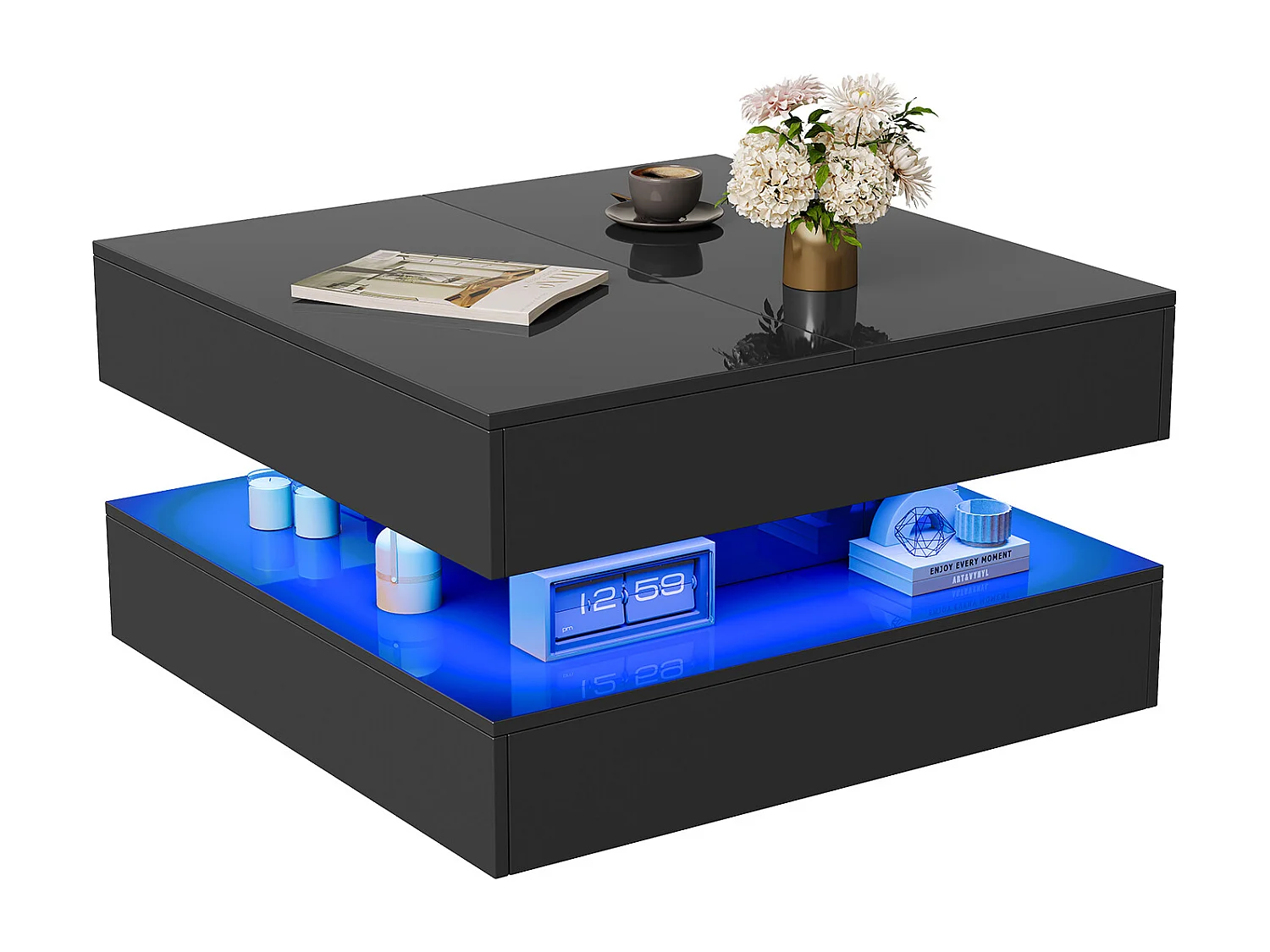 Table basse - table latérale carrée avec 2 tiroirs et éclairage LED et stockage ouvert et compartiment caché - noir