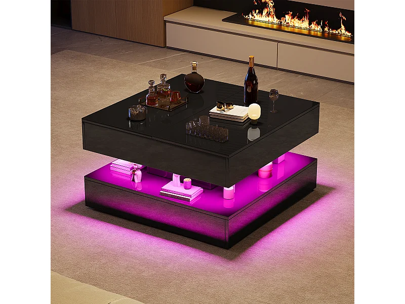 Table basse - table latérale carrée avec 2 tiroirs et éclairage LED et stockage ouvert et compartiment caché - noir