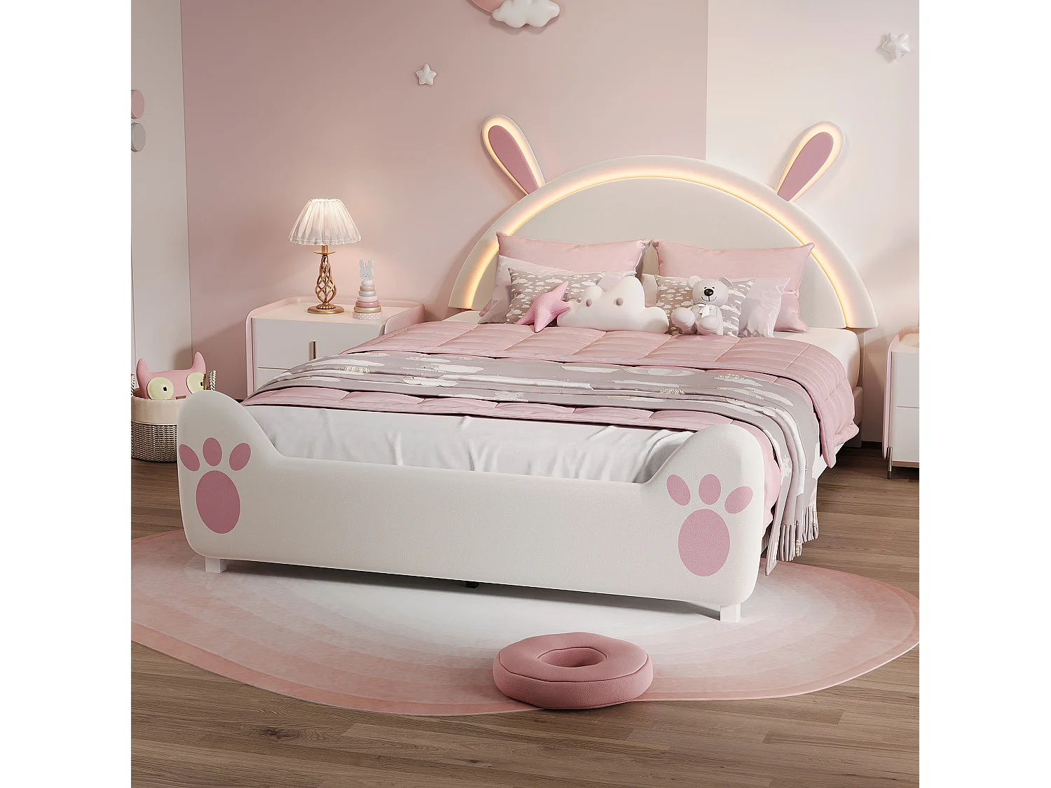 Łóżko dziecięce biało-różowy królik 140x200 cm z delikatnym oświetleniem LED i zabawnym designem