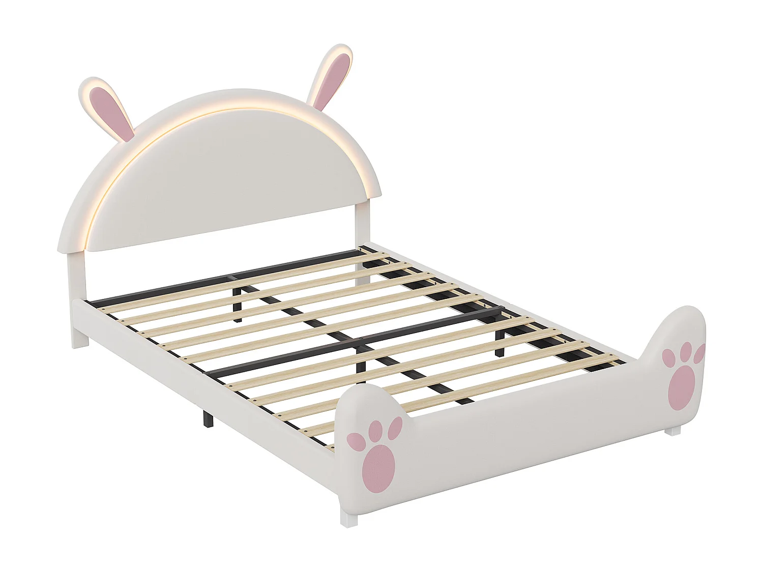 Łóżko dziecięce biało-różowy królik 140x200 cm z delikatnym oświetleniem LED i zabawnym designem