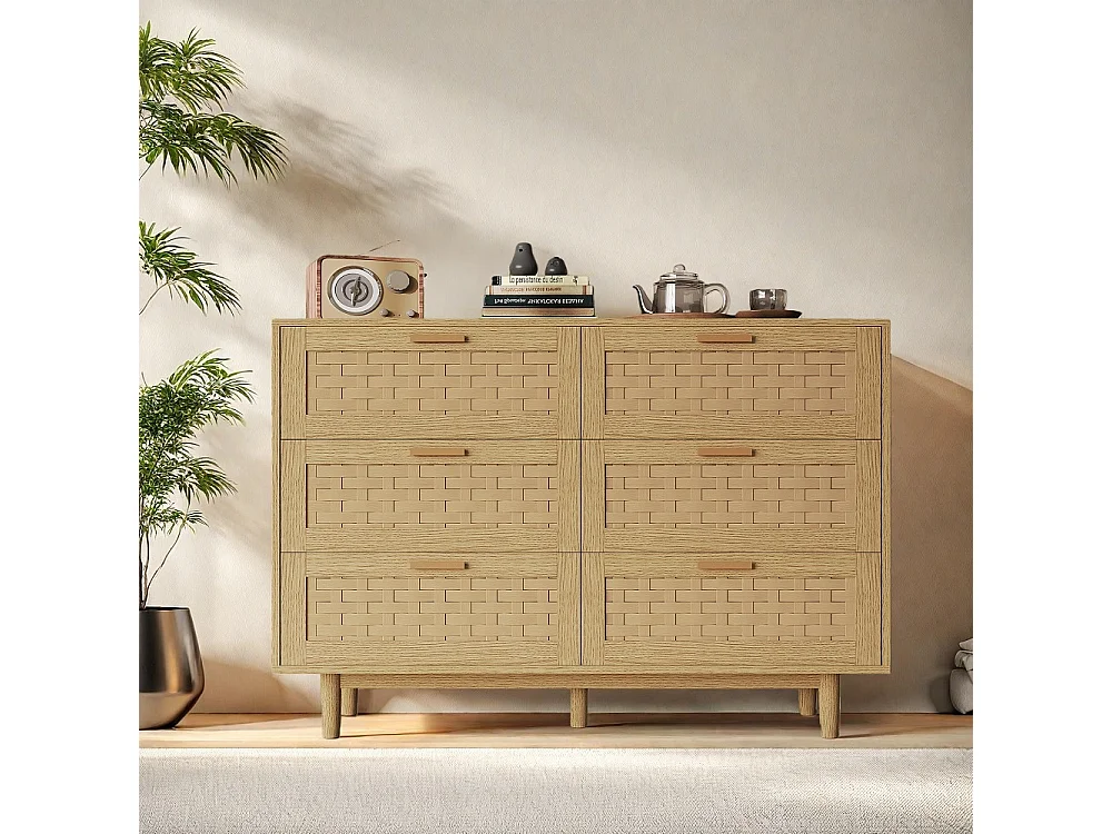Commode en bois de rattan de style boho avec 6 tiroirs - armoire de rangement de cuisine - armoire d'affichage - couleur chêne