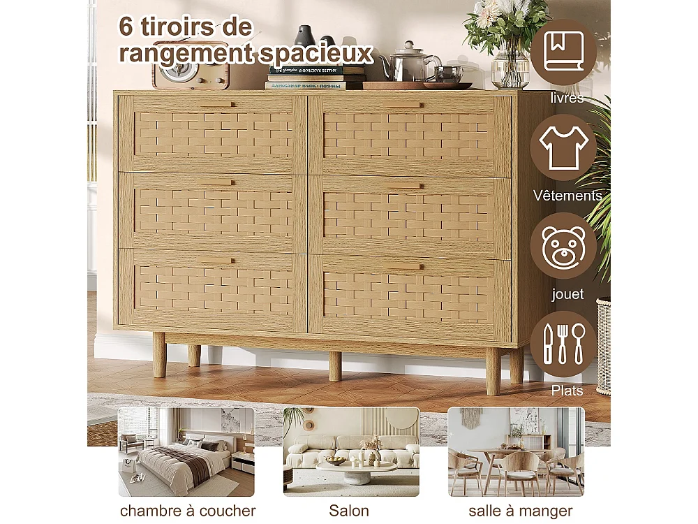 Commode en bois de rattan de style boho avec 6 tiroirs - armoire de rangement de cuisine - armoire d'affichage - couleur chêne