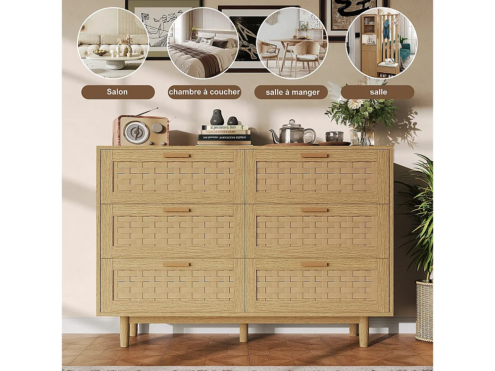 Commode en bois de rattan de style boho avec 6 tiroirs - armoire de rangement de cuisine - armoire d'affichage - couleur chêne
