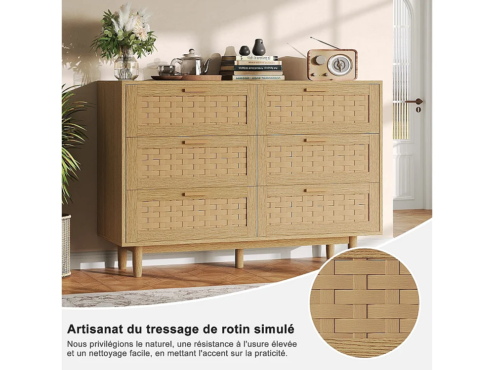 Commode en bois de rattan de style boho avec 6 tiroirs - armoire de rangement de cuisine - armoire d'affichage - couleur chêne