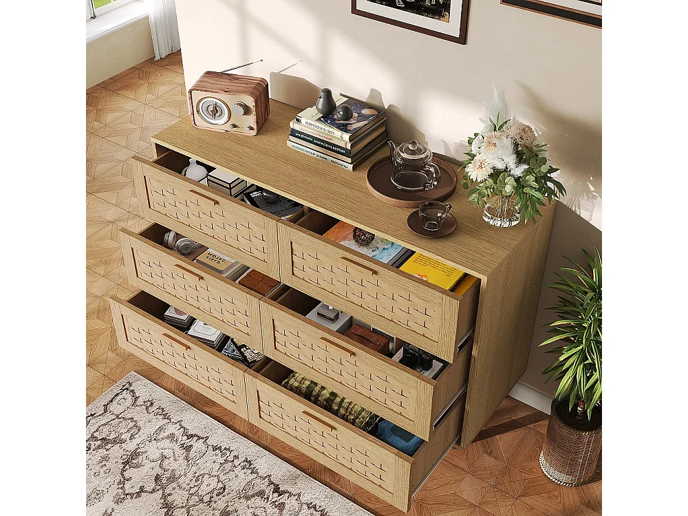 Commode en bois de rattan de style boho avec 6 tiroirs - armoire de rangement de cuisine - armoire d'affichage - couleur chêne